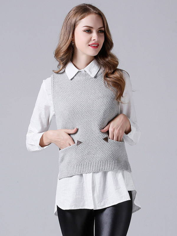 Grey Side Split Knit Vest with Pockets