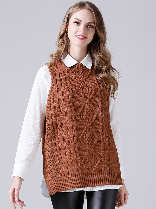 Khaki Oversize Crochet Side Split Vest