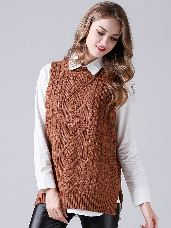 Khaki Oversize Crochet Side Split Vest