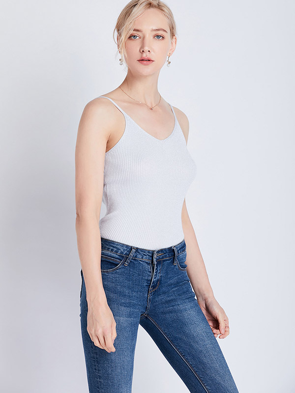 White Off Shoulder Shiny Strap Knit Vest