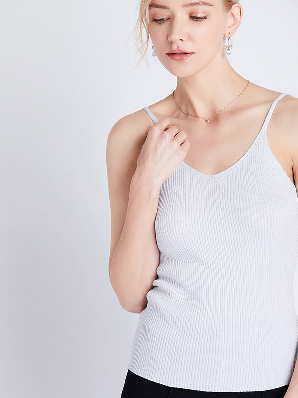 White Off Shoulder Shiny Strap Knit Vest