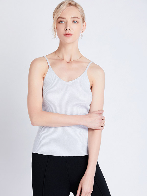 White Off Shoulder Shiny Strap Knit Vest