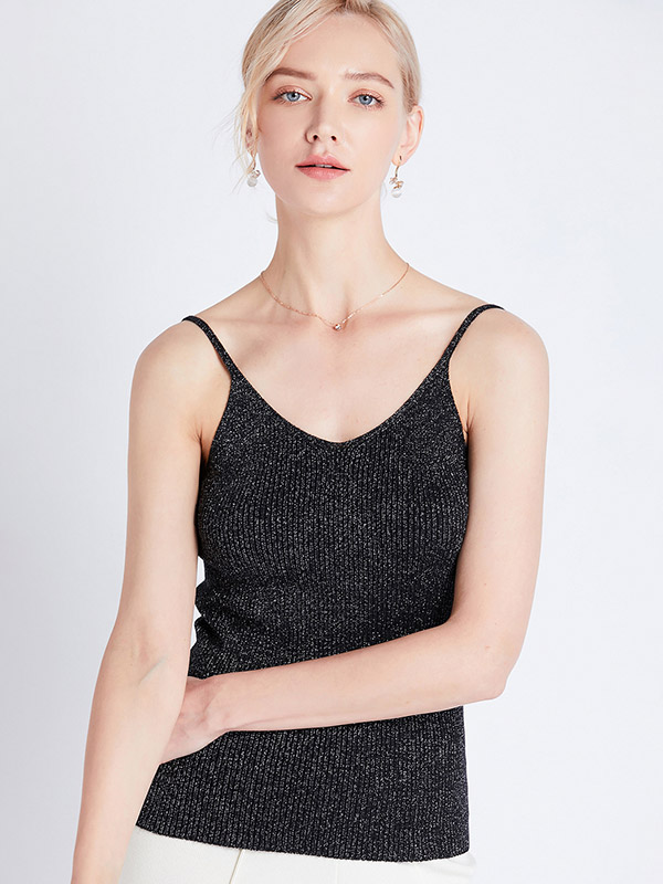 Black Off Shoulder Shiny Strap Knit Vest