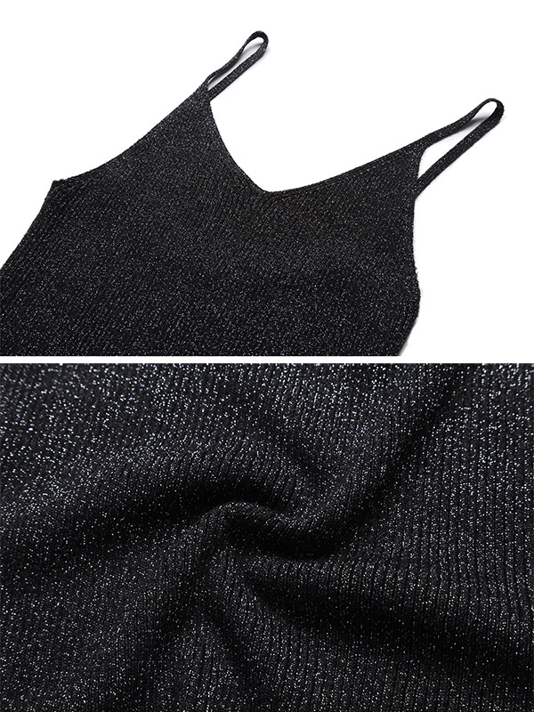 Black Off Shoulder Shiny Strap Knit Vest