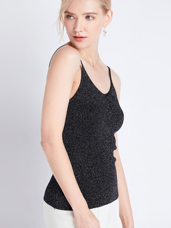 Black Off Shoulder Shiny Strap Knit Vest