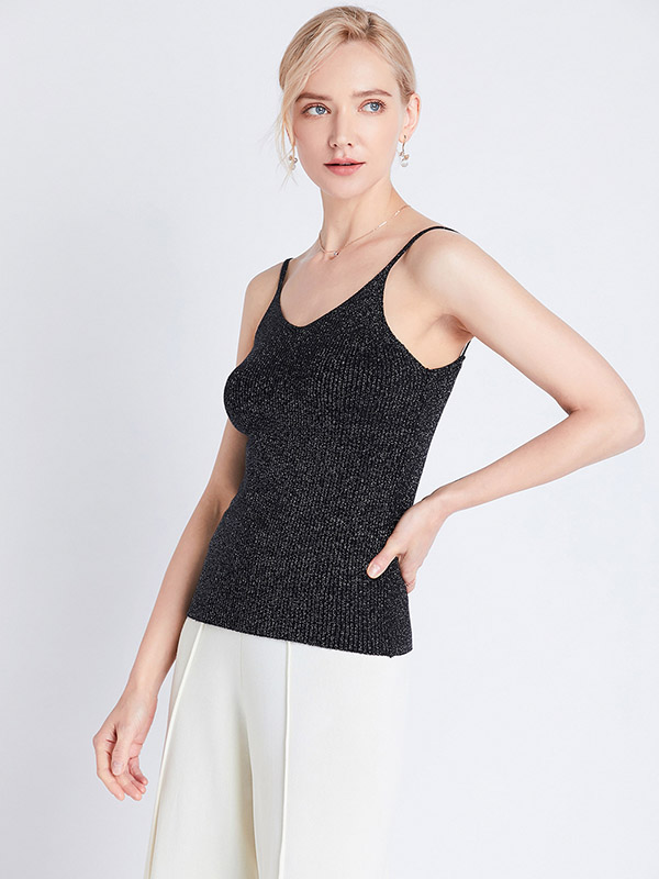 Black Off Shoulder Shiny Strap Knit Vest