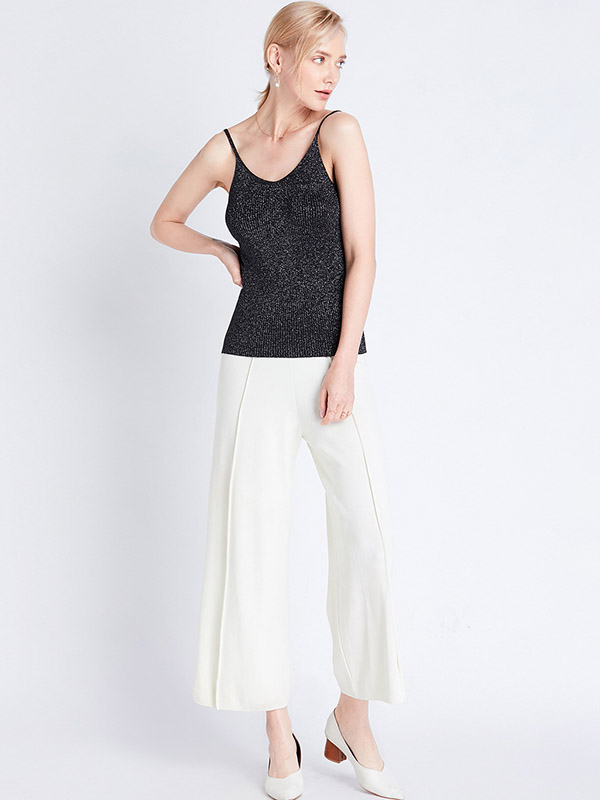 Black Off Shoulder Shiny Strap Knit Vest