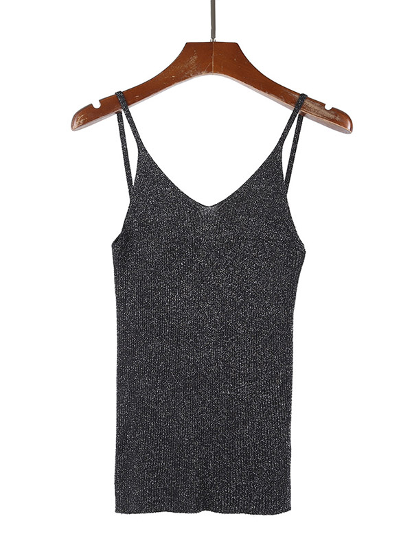 Black Off Shoulder Shiny Strap Knit Vest