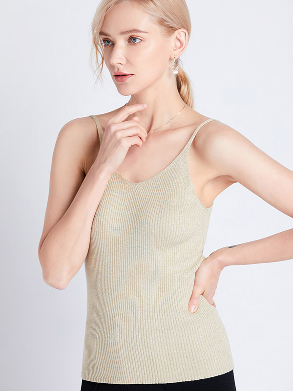 Golden Off Shoulder Shiny Strap Knit Vest