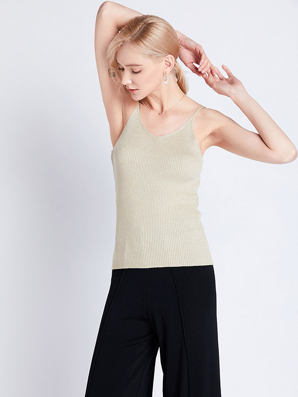 Golden Off Shoulder Shiny Strap Knit Vest