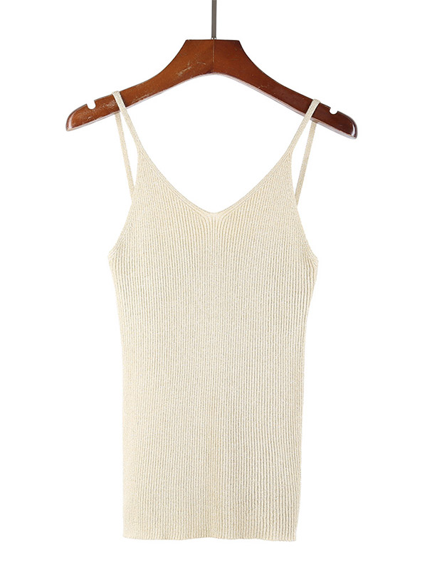 Golden Off Shoulder Shiny Strap Knit Vest