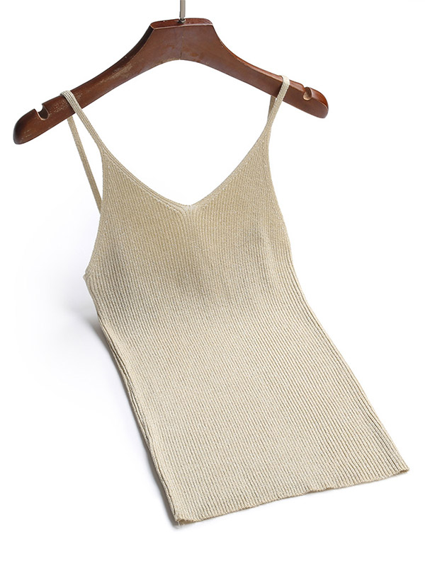 Golden Off Shoulder Shiny Strap Knit Vest