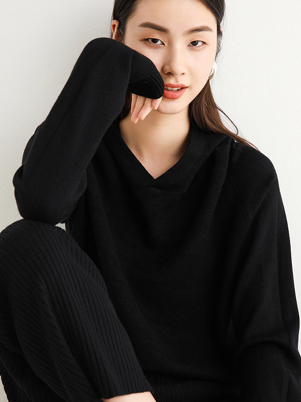 Black Oversize Long Sleeves Knit Hoodie