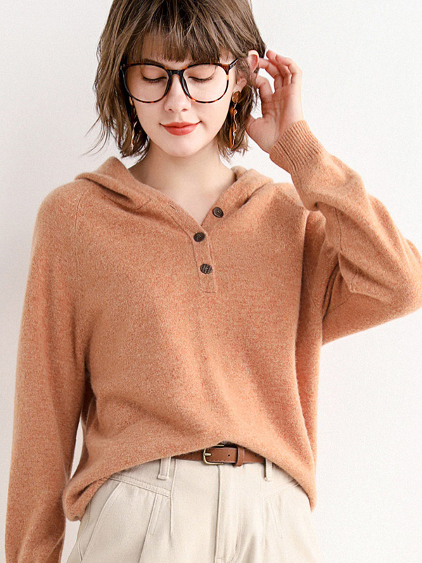 Khaki Cashmere Oversize Long Sleeves Knit Hoodies