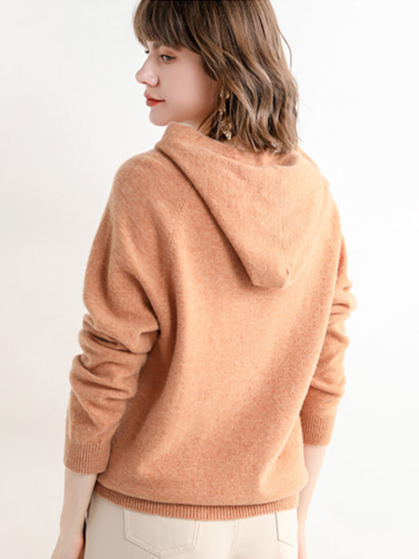 Khaki Cashmere Oversize Long Sleeves Knit Hoodies