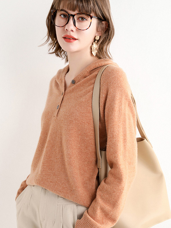 Khaki Cashmere Oversize Long Sleeves Knit Hoodies