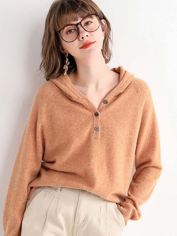 Khaki Cashmere Oversize Long Sleeves Knit Hoodies