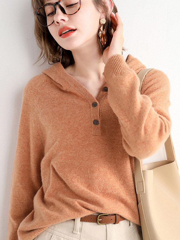 Khaki Cashmere Oversize Long Sleeves Knit Hoodies