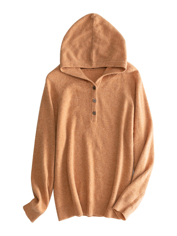 Khaki Cashmere Oversize Long Sleeves Knit Hoodies