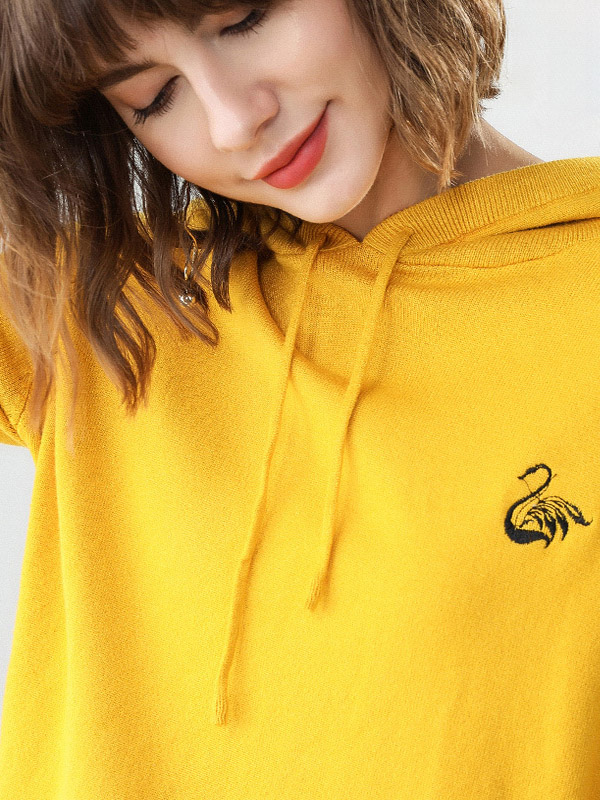 Yellow Knit Hoodies in Swan Embroidery