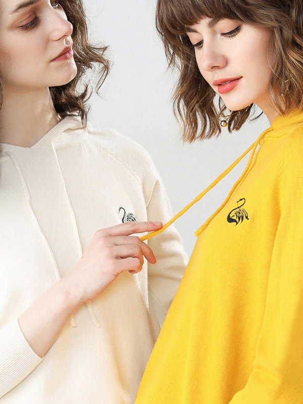 Yellow Knit Hoodies in Swan Embroidery