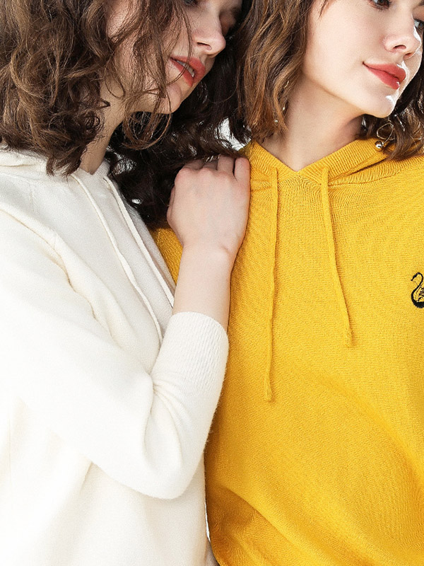 Yellow Knit Hoodies in Swan Embroidery