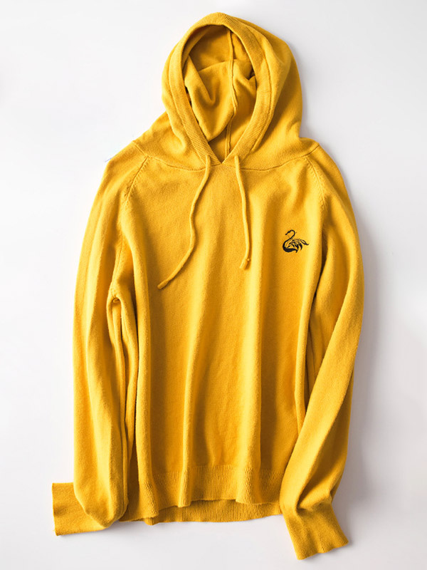 Yellow Knit Hoodies in Swan Embroidery