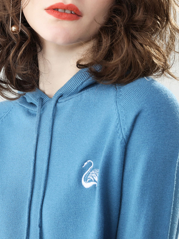 Blue Knit Hoodies in Swan Embroidery