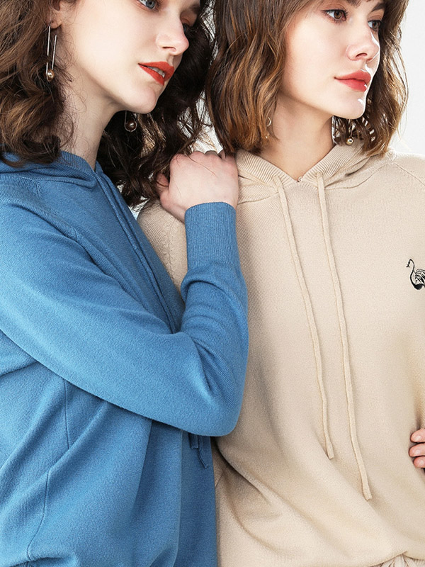 Blue Knit Hoodies in Swan Embroidery