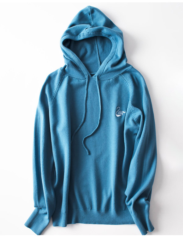 Blue Knit Hoodies in Swan Embroidery