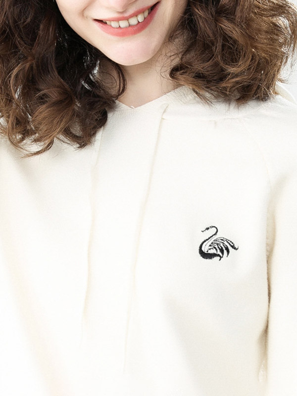 White Knit Hoodies in Swan Embroidery