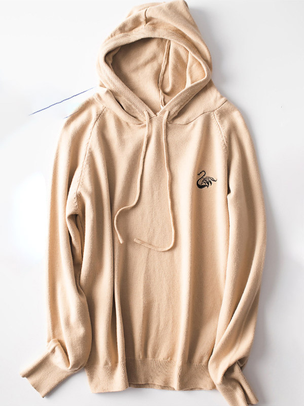 Beige Knit Hoodies in Swan Embroidery