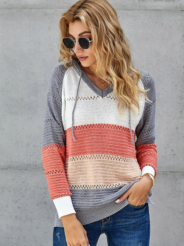 Multi-Color Splicing Side Split Oversize Knit Hoodies