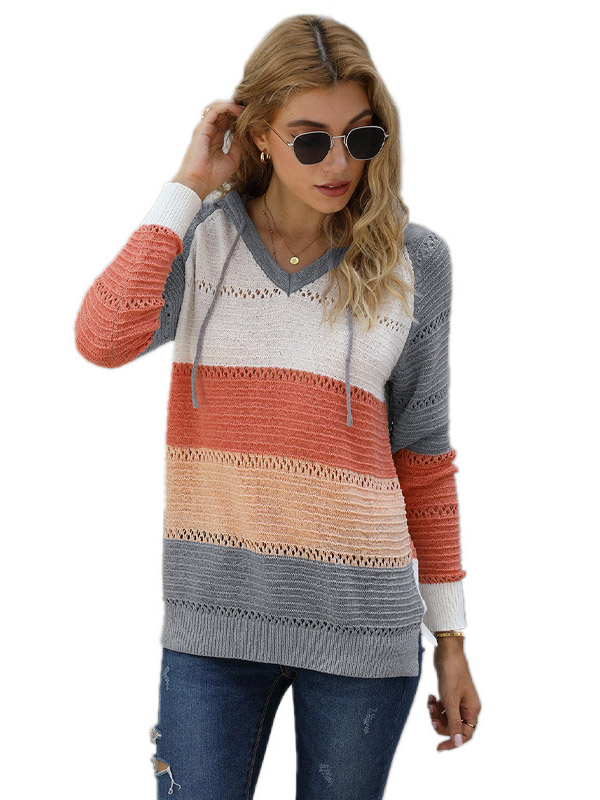 Multi-Color Splicing Side Split Oversize Knit Hoodies