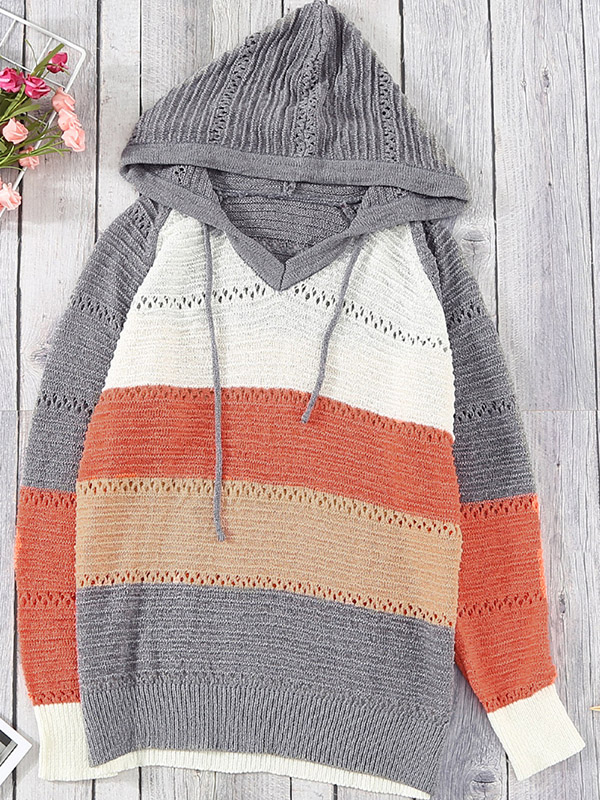 Multi-Color Splicing Side Split Oversize Knit Hoodies