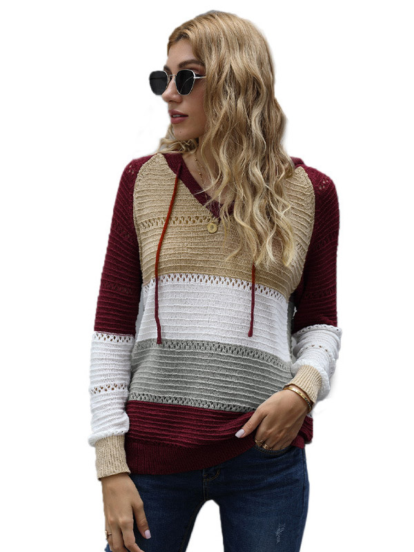 Multi-Color Splicing Side Split Oversize Knit Hoodies