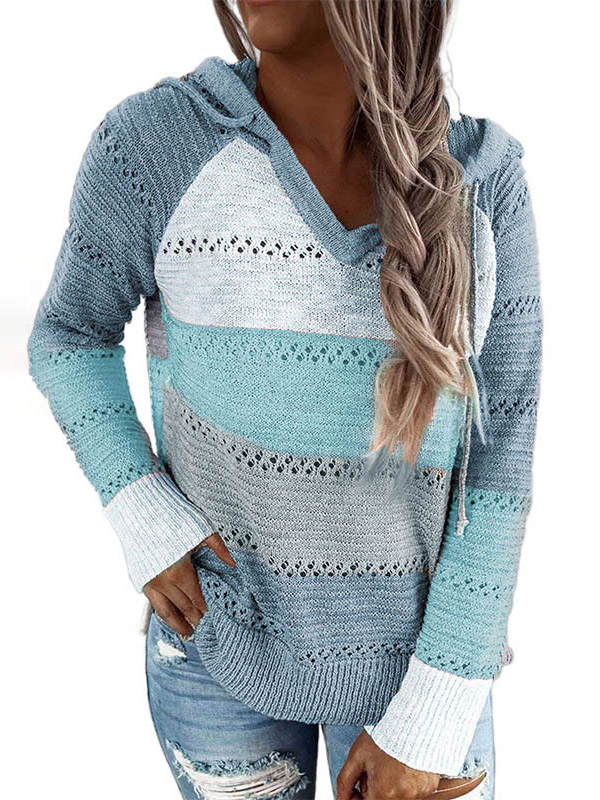 Multi-Color Splicing Side Split Oversize Knit Hoodies