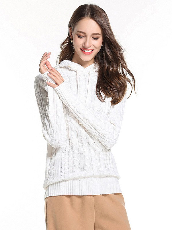 White Oversize Long Sleeves Knit Hoodies