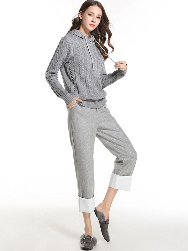 Grey Oversize Long Sleeves Knit Hoodies