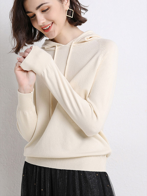 Beige Long Sleeves Medium Knit Hoodies