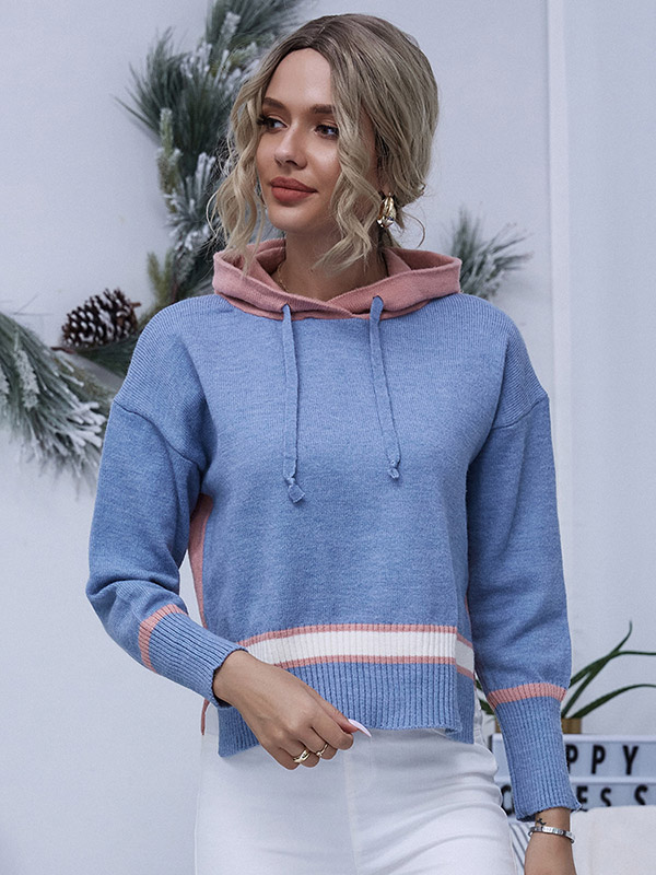 Pink and Blue Contrast Stitching Oversize Knit Hoodies