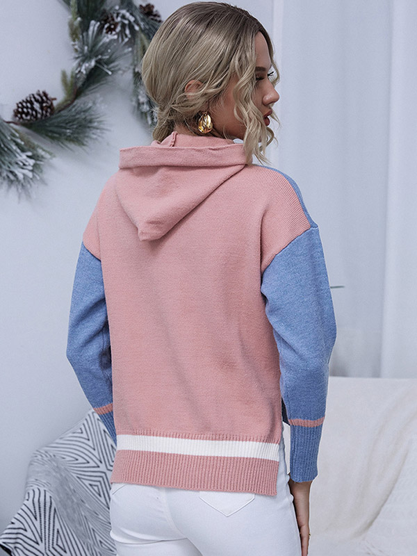 Pink and Blue Contrast Stitching Oversize Knit Hoodies