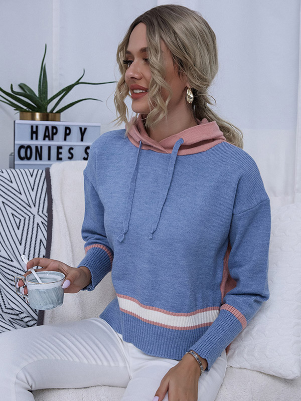 Pink and Blue Contrast Stitching Oversize Knit Hoodies