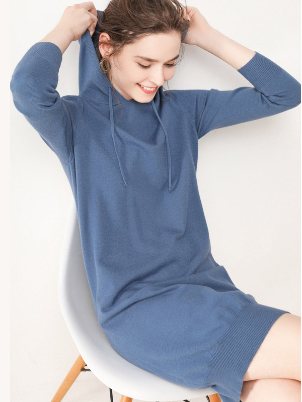 Blue Fine Knit Oversize Long Hoodies