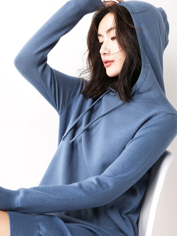 Blue Fine Knit Oversize Long Hoodies