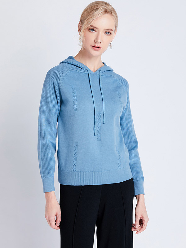 Blue Fine Knit Long Sleeves Hoodies