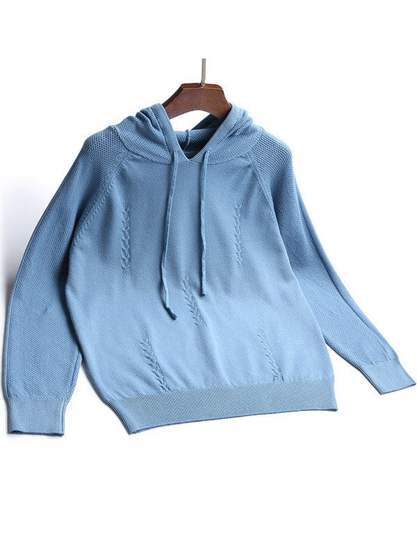 Blue Fine Knit Long Sleeves Hoodies