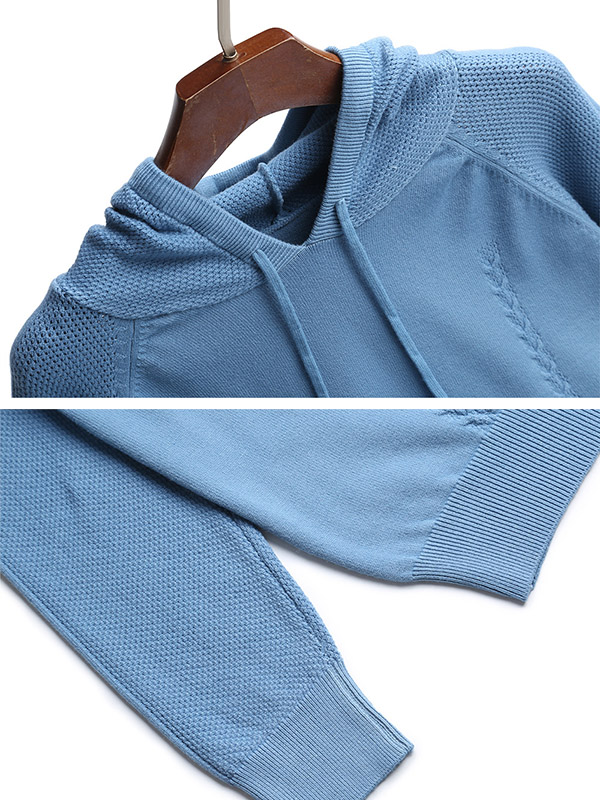 Blue Fine Knit Long Sleeves Hoodies