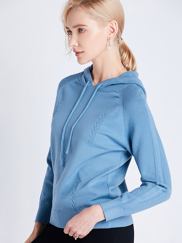 Blue Fine Knit Long Sleeves Hoodies