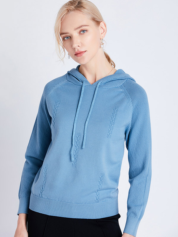 Blue Fine Knit Long Sleeves Hoodies